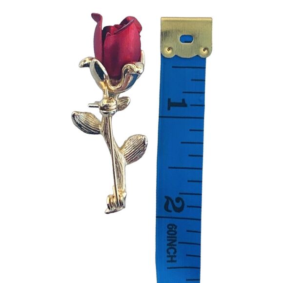 Vintage Gold Tone Red Rose Brooch Pin 2" Excellent Cottagecore - Picture 4 of 8